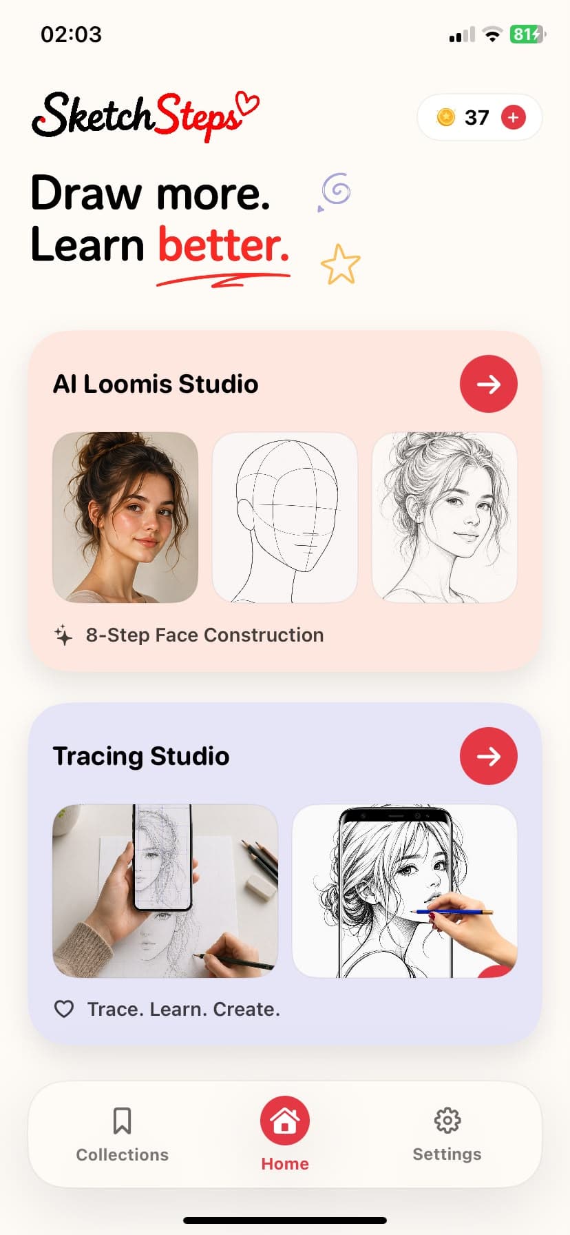 Sketch Steps home screen with AI Loomis Studio and Tracing Studio