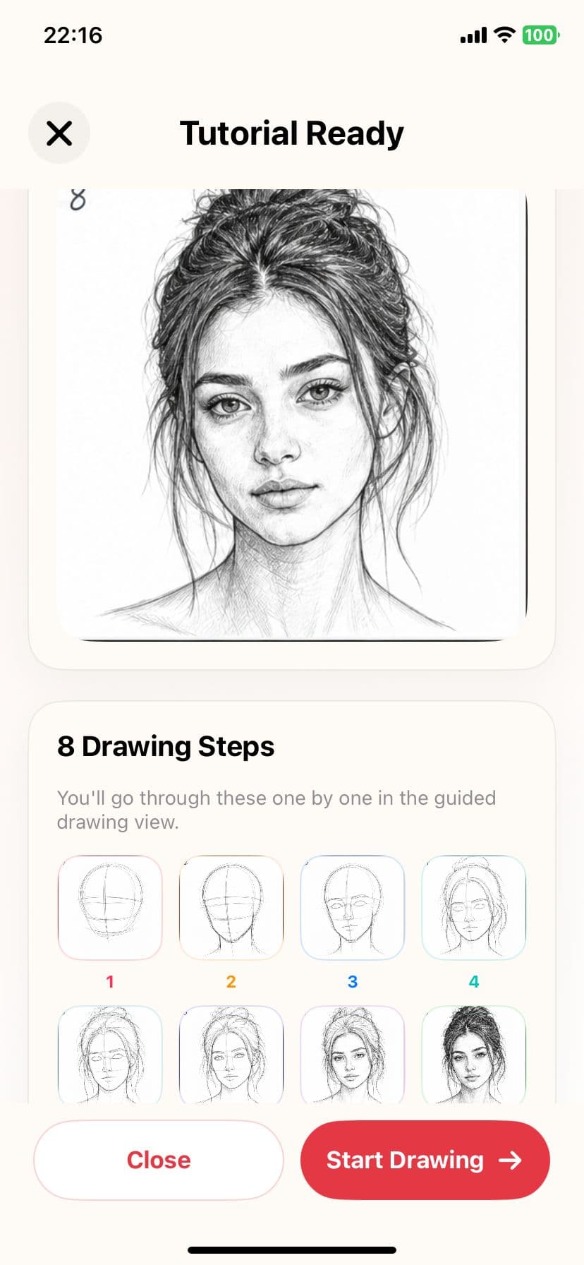 Tutorial Ready screen with generated drawing steps