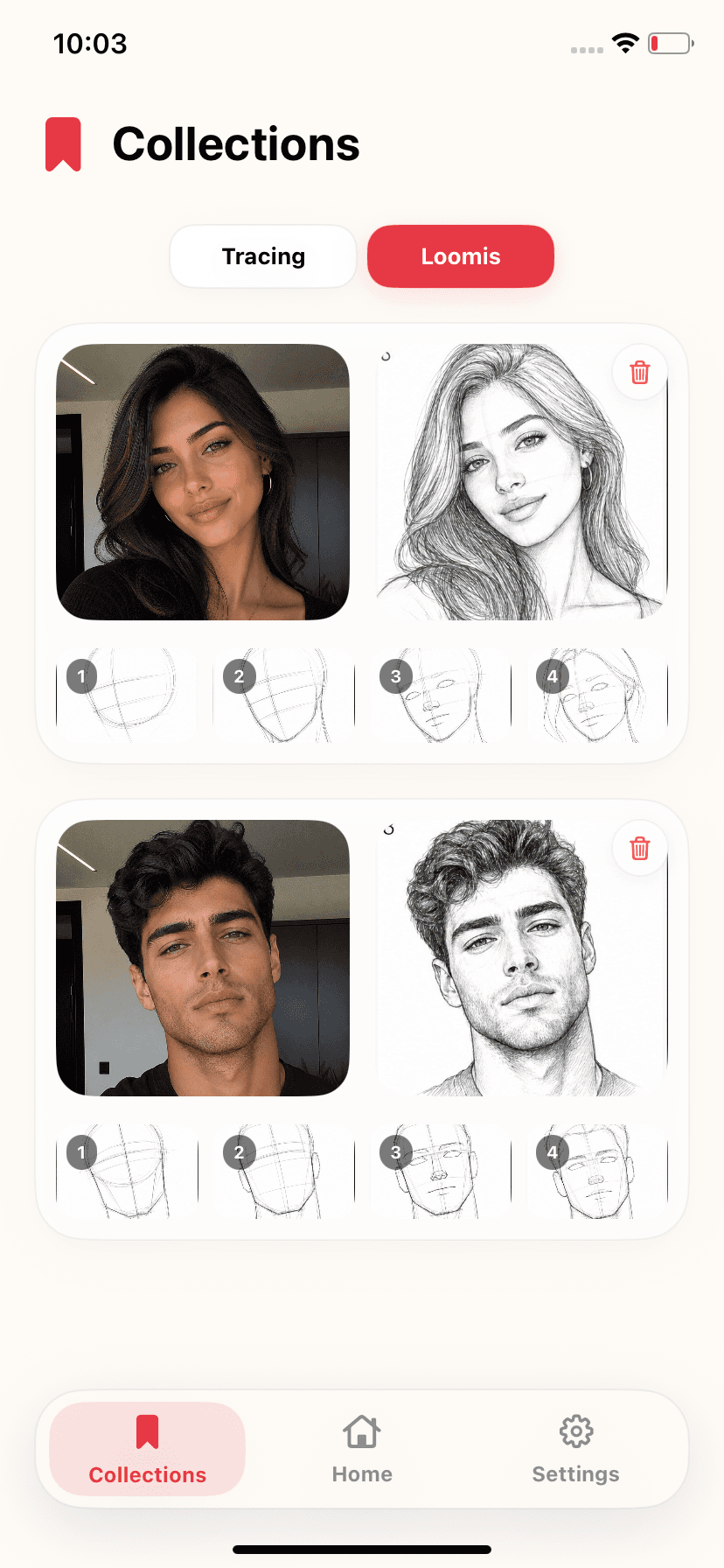 Sketch Steps collections screen with saved Loomis guides